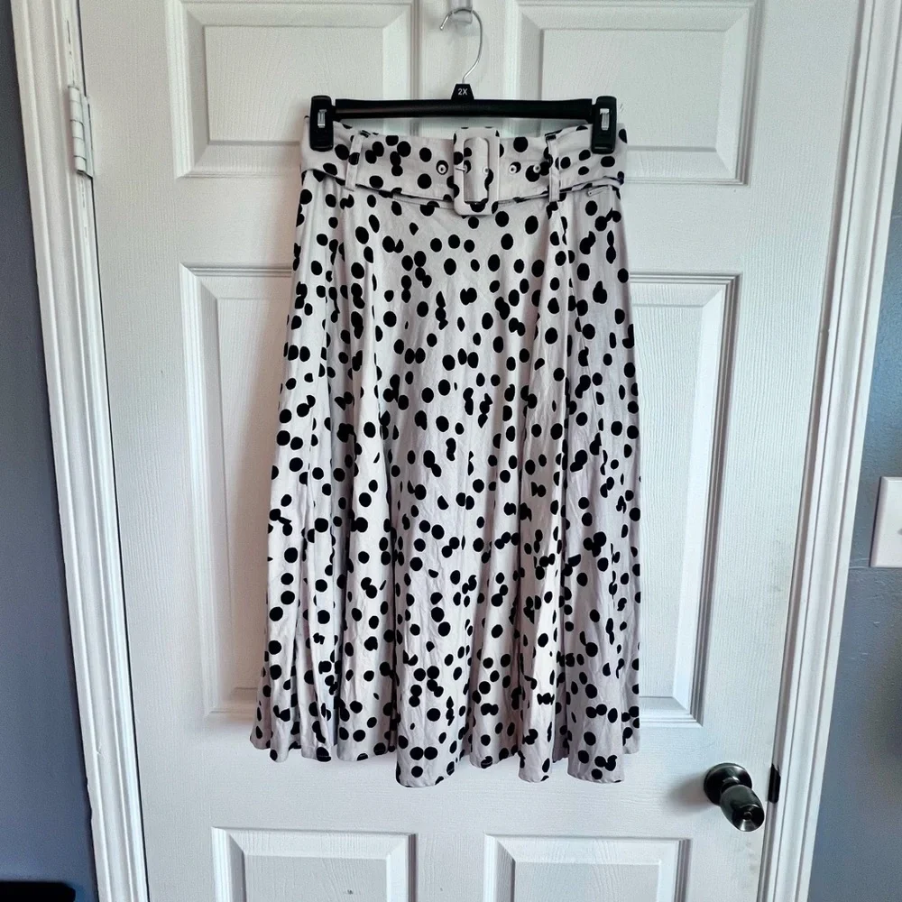 Tahari Belted Elastic Waist Black Beige Polka Dot Linen Blend Midi Skirt Women 8 - Picture 3 of 14